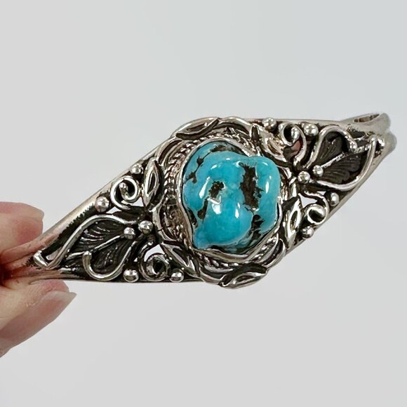 Turquoise Cuff, Sterling Silver, Cuff Bracelet, Southwest Style, Feathers, Boho, - Picture 1 of 6